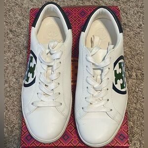 Tory Burch T Logo sneaker in size 7.5 Snow White/ Royal Blue